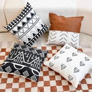 Set of Two Boho Pillow Covers in Bold Geometric Patterns with Faux Vegan Leather